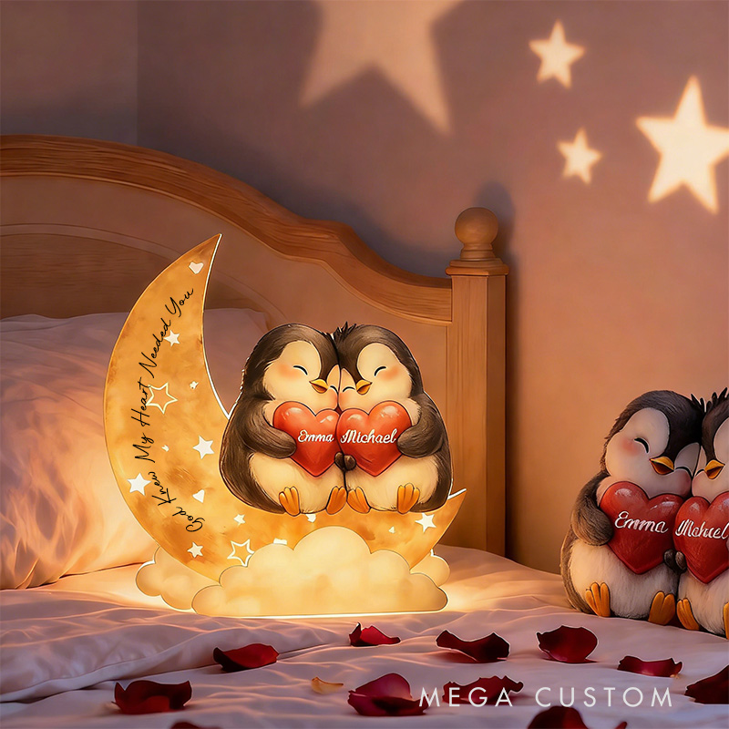 Personalized God Knew My Heart Needed You Penguin Couple Heart Star Moon Acrylic LED Night Light with Name and Text Valentine's Day Gift for Couple