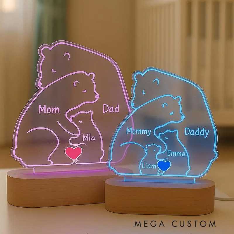 Personalized Family Bears Name Night Light Custom Bedroom LED Wood Bear Family Puzzle Gift Wedding Family Gift Night Light for Mom Dad