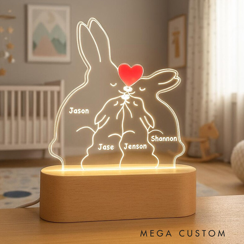 Personalized Family Rabbits Puzzle Name Night Light Custom Bedroom LED wood Rabbits Family Puzzle Gift Easter Gift