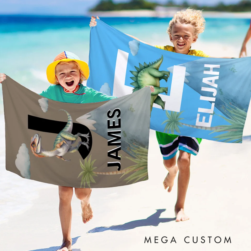 Personalized Cute Dinosaur Quick Dry Oversized Beach Towel with Name and Initial Travel Essential Summer Vacation Birthday Gift for Kids