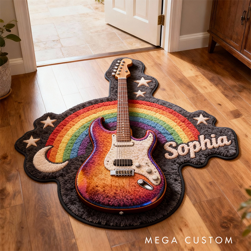 Personalized 2D Flat Hippie Rainbow Guitar Rug for Music Lovers Gift for Kids Music Studio