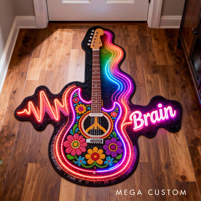 Personalized 2D Flat Hippie Guitar Rug for Music Lovers Gift for Kids Music Studio