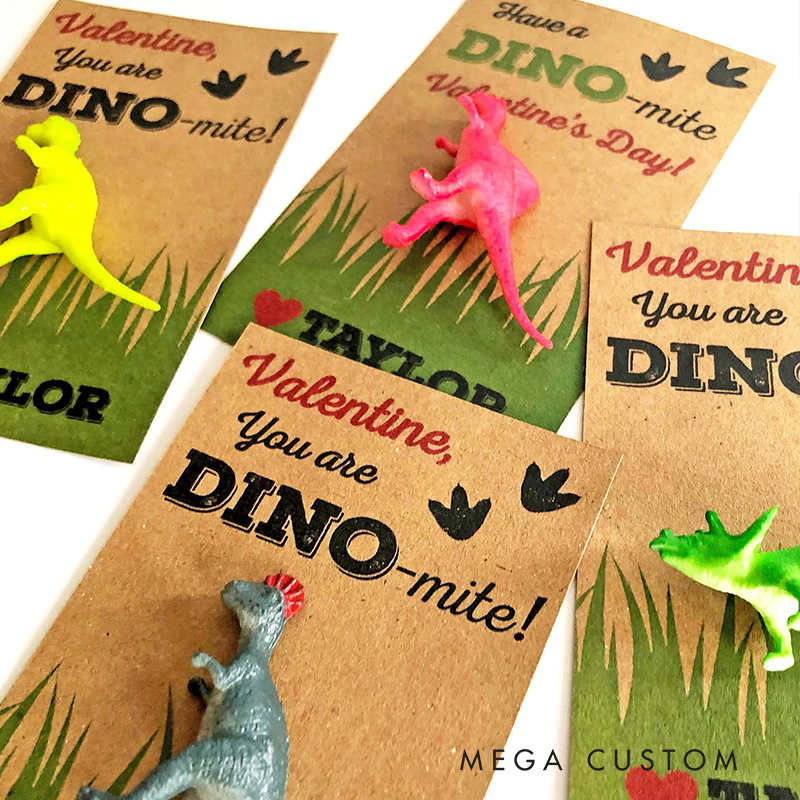 Personalized Dinosaur Valentine's Day Greeting Card with Toy Dinosaur Customizable Name and Includes a Free Dinosaur Toy for Kids