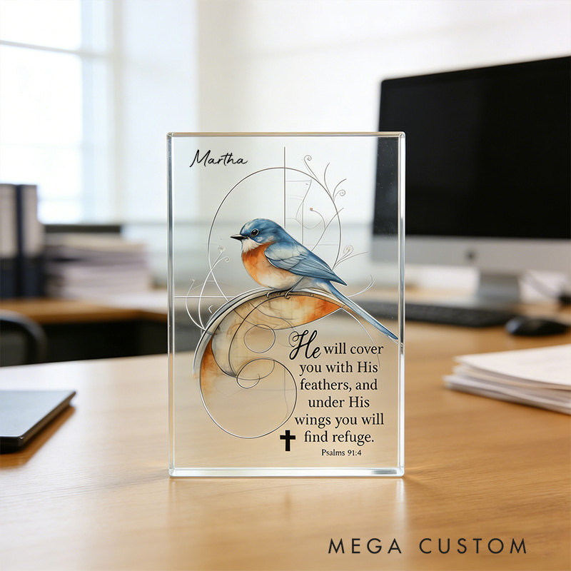Personalized Bluebird Psalm 91:4 Acrylic Block with Custom Name Scripture Wall Art Faith Home Decor Christian Gifts for Women