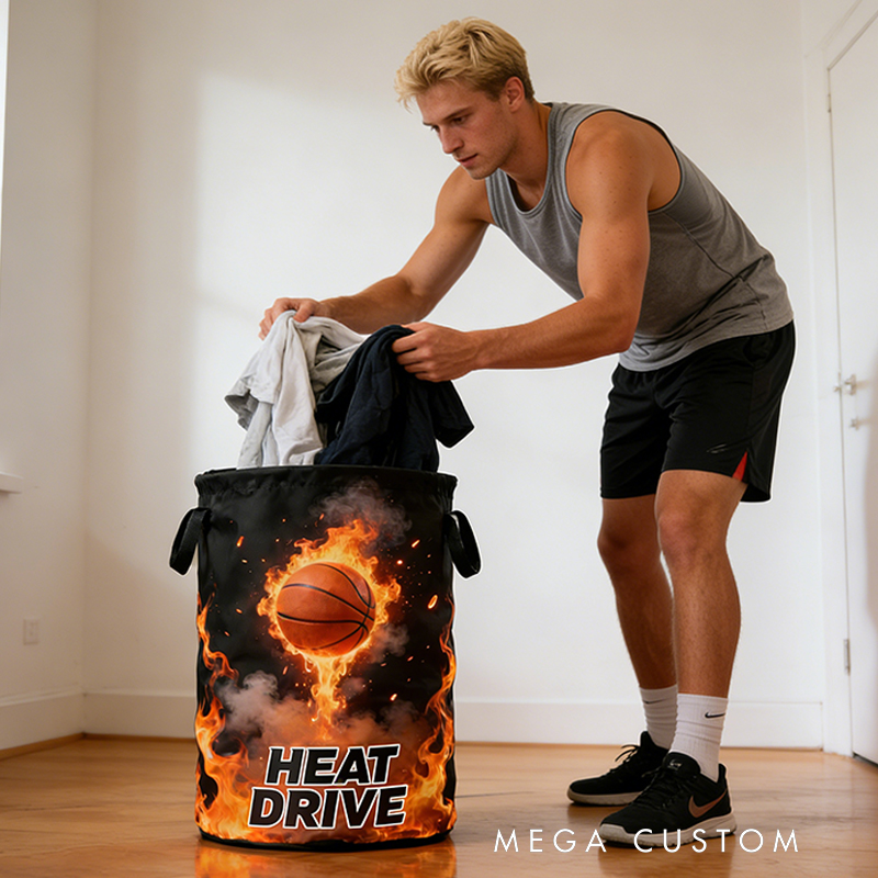 Personalized Flaming Basketball Storage Basket with Custom Text for Basketball Fans