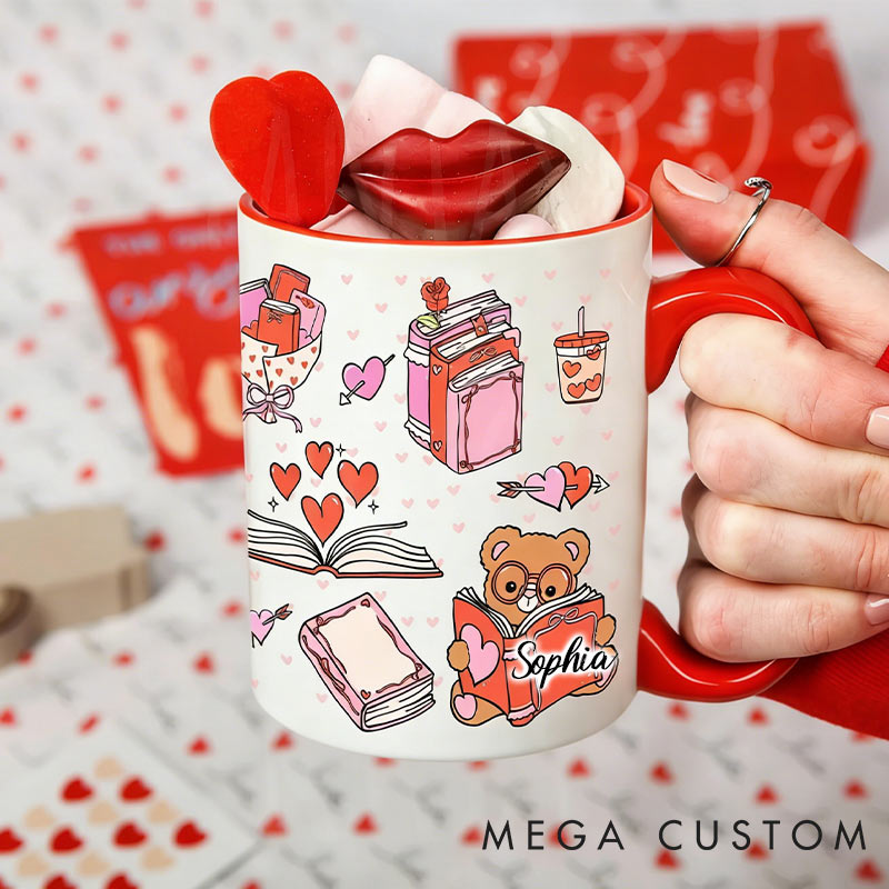 Personalized Bookish Valentines Day Mug Cute Bear Reading Mug Romantasy Book Club Gifts for Reading Lovers