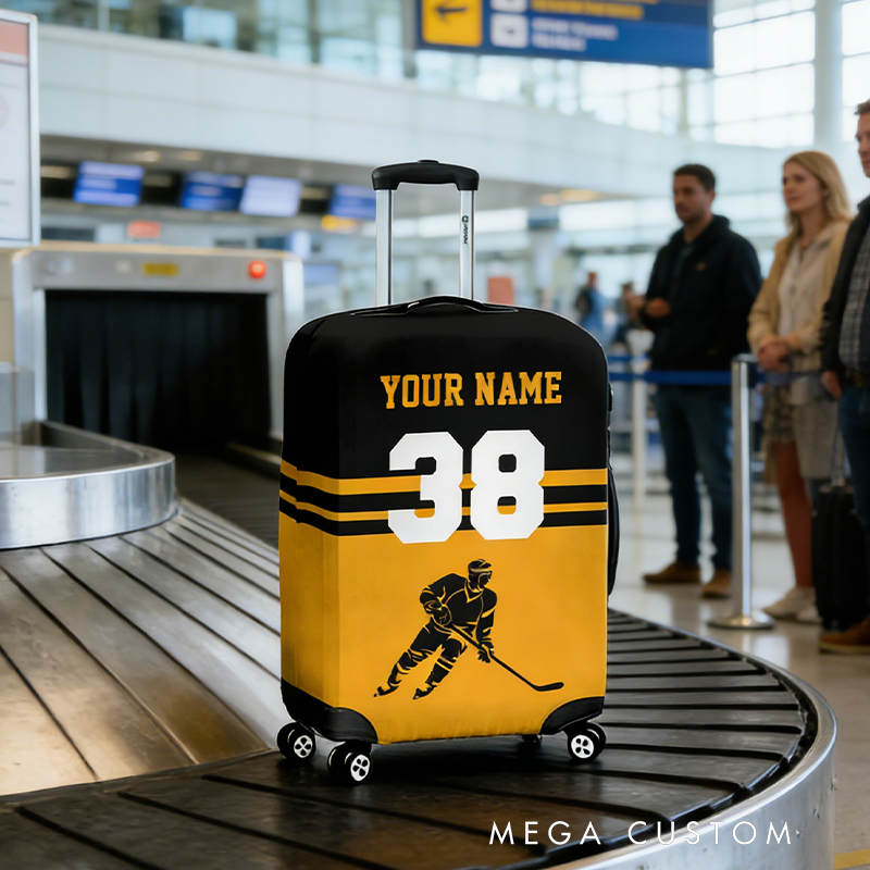 Personalized Hockey Luggage Cover with Custom Name Number and Colors for traveling and Hockey Lovers
