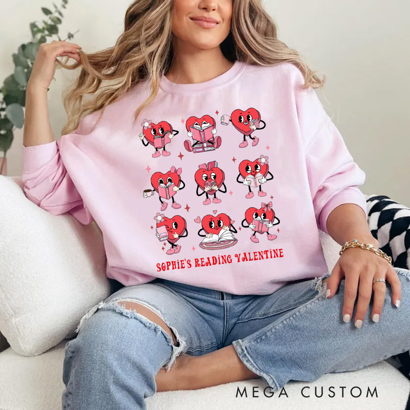 Personalized Bookish Heart Sweatshirt Red Reading Heart for Librarian Sweatshirt with Name Valentines Day Gift for Book Lover Girlfriend Wife Women
