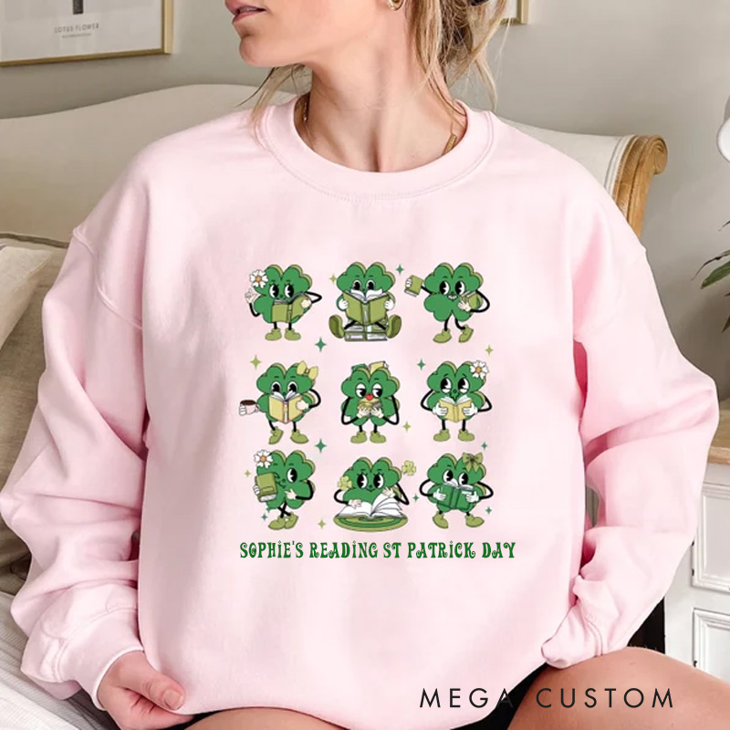 Personalized Shamrock Book Sweatshirt Lucky Book Sweatshirt with Name t Patrick Day Sweatshirt Gift for Librarian Book Lover Irish Friends Gift