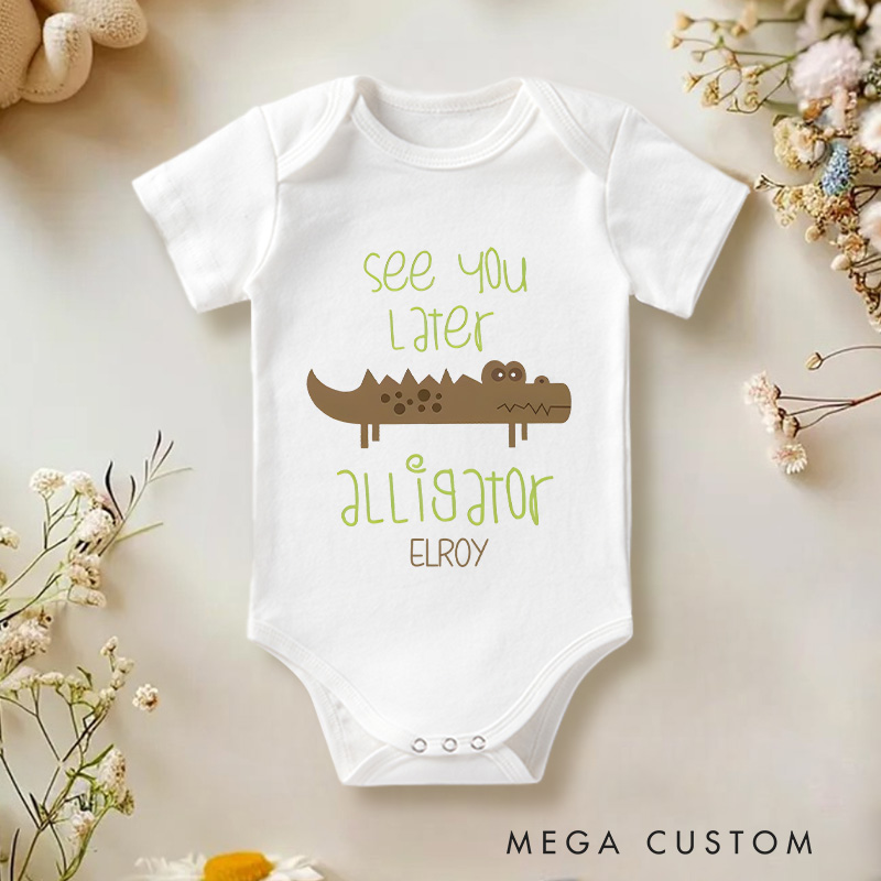 Personalized See You Later In a While Alligator adding humor and fun to twin wardrobes with a cute crocodile graphic Baby Onesie