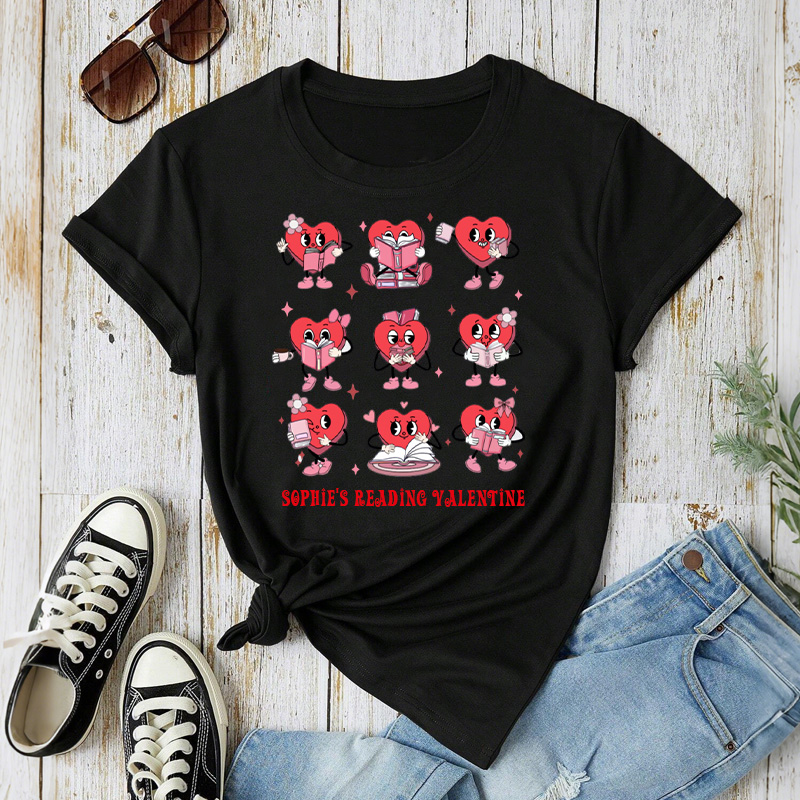 Personalized Bookish Heart Classic T-Shirts Red Reading Heart Tee Librarian Shirt with Name Valentines Day Gift for Book Lover Girlfriend Wife Women