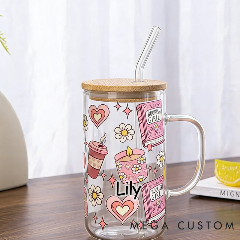 Personalized Bookish Girlie Iced Glass Coffee Cup Valentine's Cute glass Cup for Reading Lovers