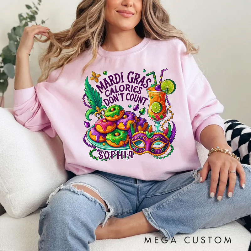 Personalized Mardi Gras Calories Don't Count Donut Coquette Sweatshirt with Name Mardi Mask Bead Shirt Gift for Women Her