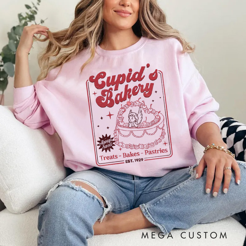 Personalized Cupid's Bakery Sweatshirt with Name Always Sweet Cake Sweatshirt Treats Bakes Pastries Shirt Valentine's Day Gift for Women Baking Lover Her