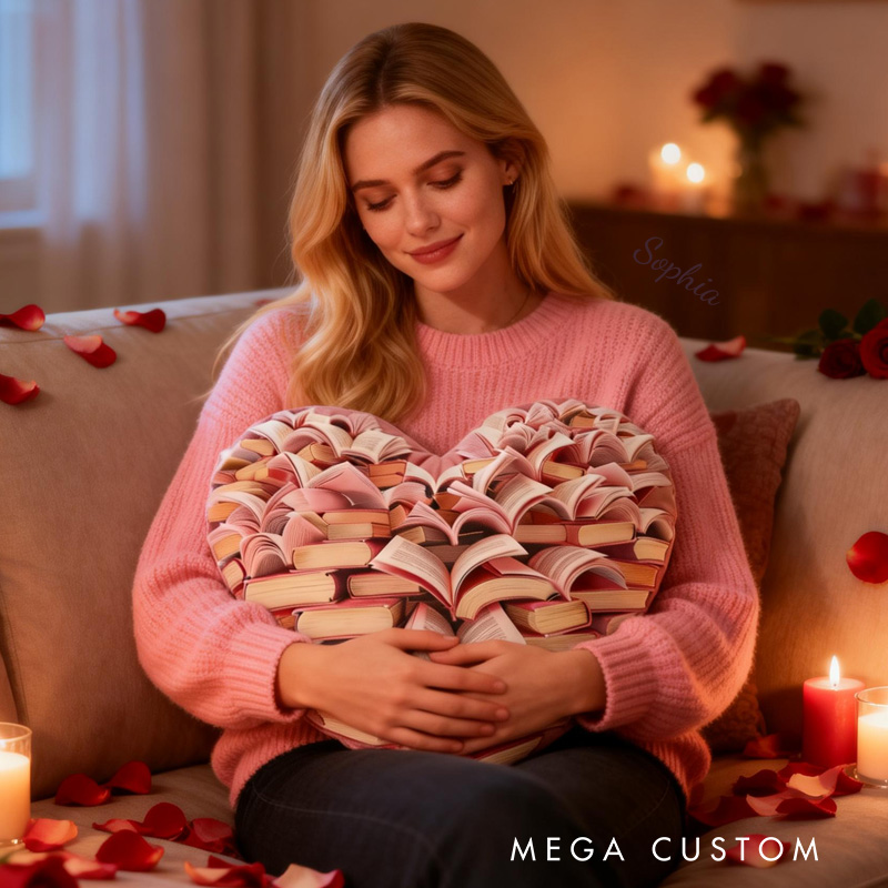 Personalized Book Heart Throw Pillow Graphic 3D Print Bookish Pillow Valentine Pillow with Name for Kids Boy Girl Gift for Reading Lover