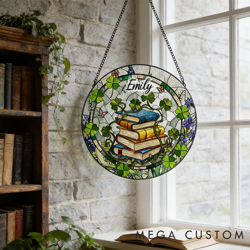 Personalized Shamrock and Books Stained Glass Suncatcher Literary Window Hanging for Reading Lovers 