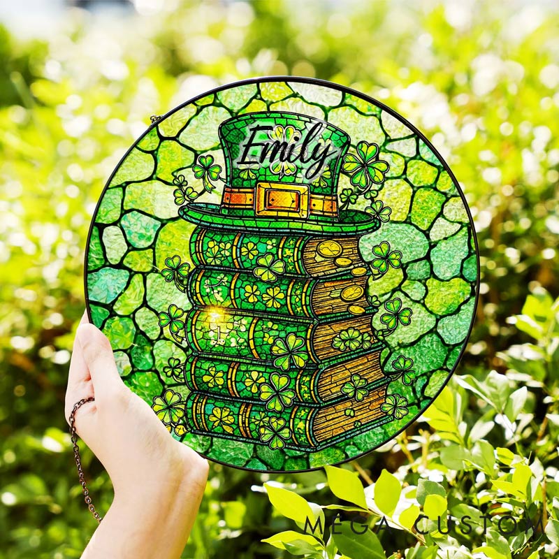Personalized Lucky Leprechaun Hat Stained Glass Suncatcher Clover Books Decor for Reading Lovers 