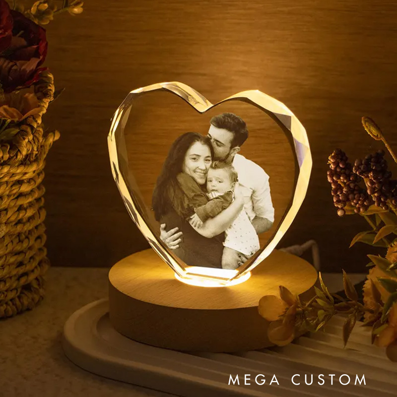 Personalized Heart Crystal Photo Portrait LED Custom Portrait in Crystal Light Family Photo Gift Portrait in Crystal Anniversary Gift