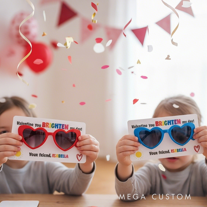 Personalized Valentine’s Heart Sunglasses Card for Kids Custom Name Gift with Fun Design Classroom Exchange School Non Candy Free