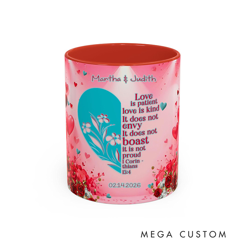 Personalized Love is Patient 11oz Ceramic Mug with Custom Names and Date Valentines Day Coffee Mug 1 Corinthians 13:4 Bible Verse Cup Wedding Gift