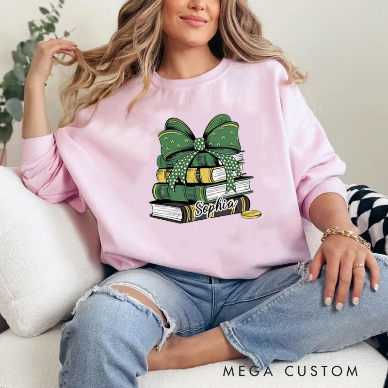 Personalized St Patrick's Books Lucky Books Sweatshirt Shamrock Bookworm Sweatshirt for Reading Lovers