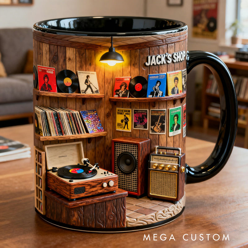 Personalized 2D Flat Retro Vinyl Store Mug Custom Vinyl Records Themed Mug for Music Lovers