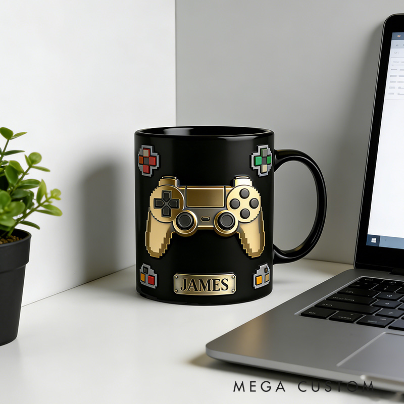Personalized 2D Flat Golden Gamer Mug Gamer Mug Player Controller Video Game Mug Gamer Gift Coffee Mug