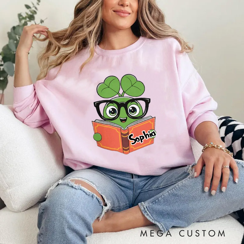 Personalized Cute Clover Book Sweatshirt St Patrick's Day Book Sweatshirt for Reading Lovers
