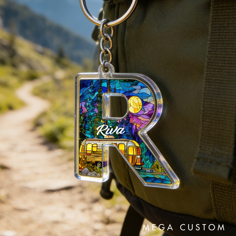 Personalized Initial Keychain with Camper Custom Outdoors Camping Lover Keychain Couple Adventure Gift