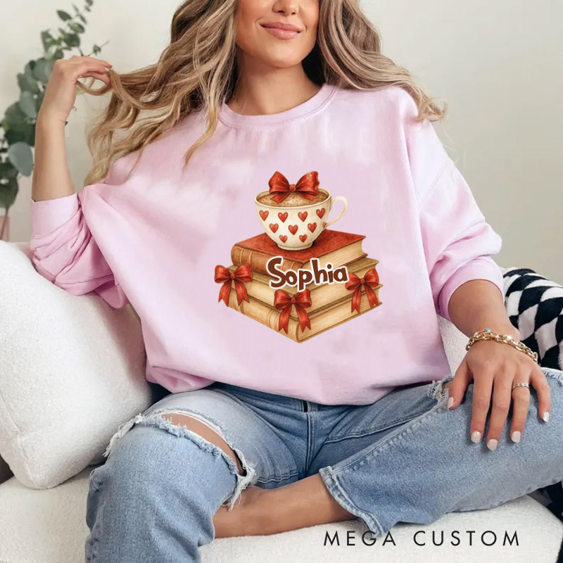 Personalized Book coffee valentine day  Sweatshirt bow book lover gift for Reading Lovers