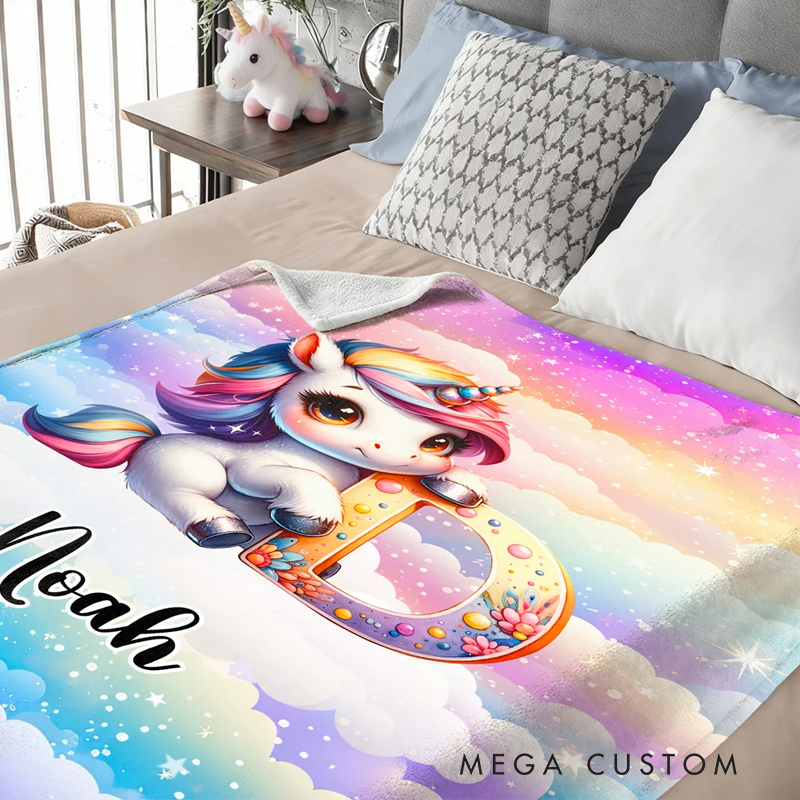Personalized Gradient Dreamy Fantasy Unicorn Initial Design Soft Throw Blanket with Name Room Decor Christmas Gift for Women Girls