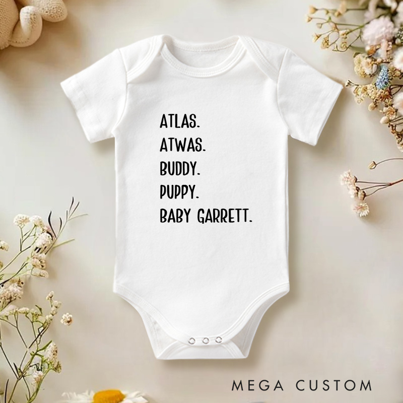 Personalized Atlas Buddy Puppy Baby Garrett Fun and Cute Name Collection Baby Onesie  