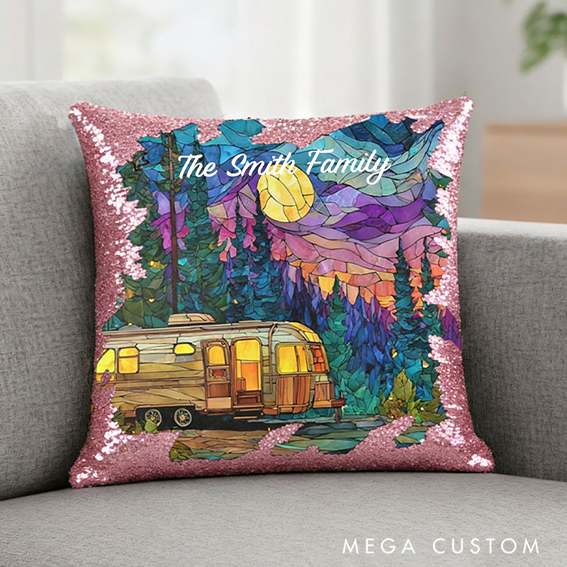 Personalized Family Camper Sequin Pillow Custom Sequin Pillow Case Magic Reversible Throw Custom Sequin Pillow Case Magic Reversible Throw