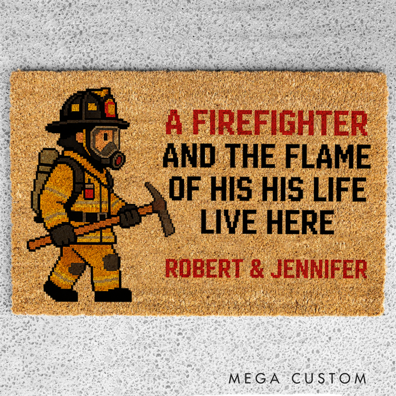 Personalized Firefighter Pixel Art Doormat Custom Couple's Entryway Rug