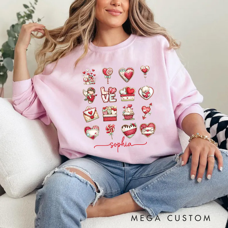 Personalized Whimsical Cookie Valentine Sweatshirt with Name Cute Cookie Style Valentine Heart Sweatshirt Valentine Baking Shirt Cozy Valentine's Day Gift for Women Baking Lover Her