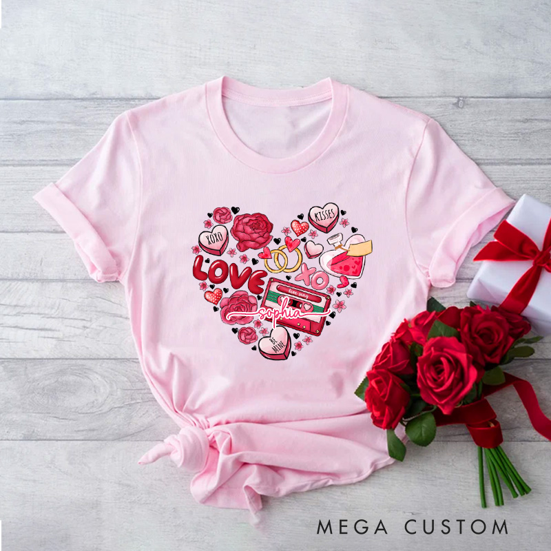 Personalized Heart Valentine Classic T-shirts Xoxo Cozy Shirt with Name Cookie Heart Valentine's Day Gift for Women Baking Lover Her