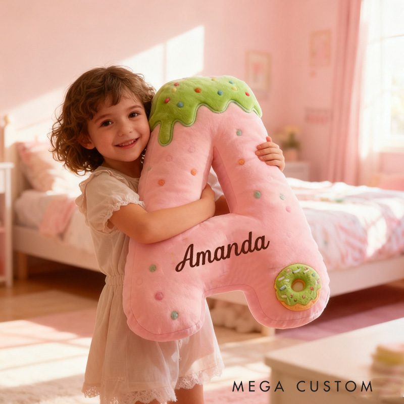 Personalized Pink Donut Alphabet Throw Pillow Graphic 3D Print Donut Letter with Name for Kids Boys Girls Family Baker Christmas Gift 
