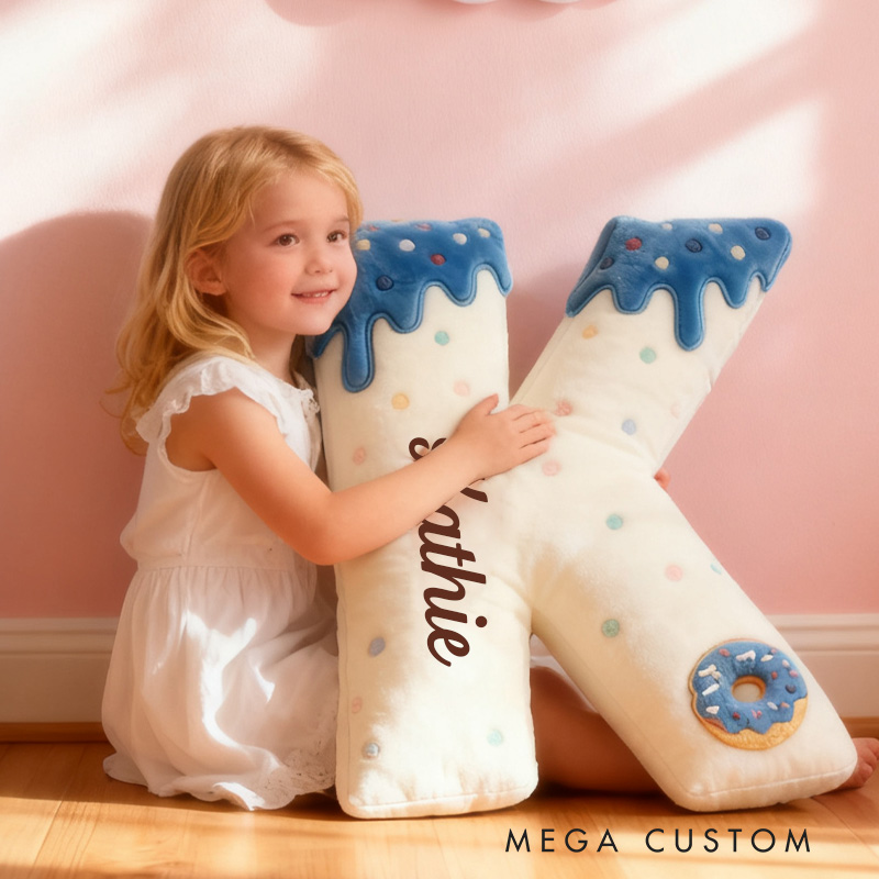 Personalized Blue Donut Alphabet Throw Pillow Graphic 3D Print Donut Letter with Name for Kids Boys Girls Family Baker Christmas Gift 