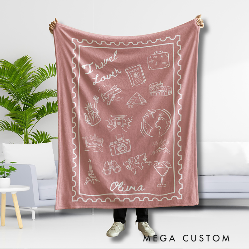 Personalized World Map Throw With Travel Stamps Blanket with Name Quick Dry Oversized Microfiber Travel Essentials Birthday Gift for Her