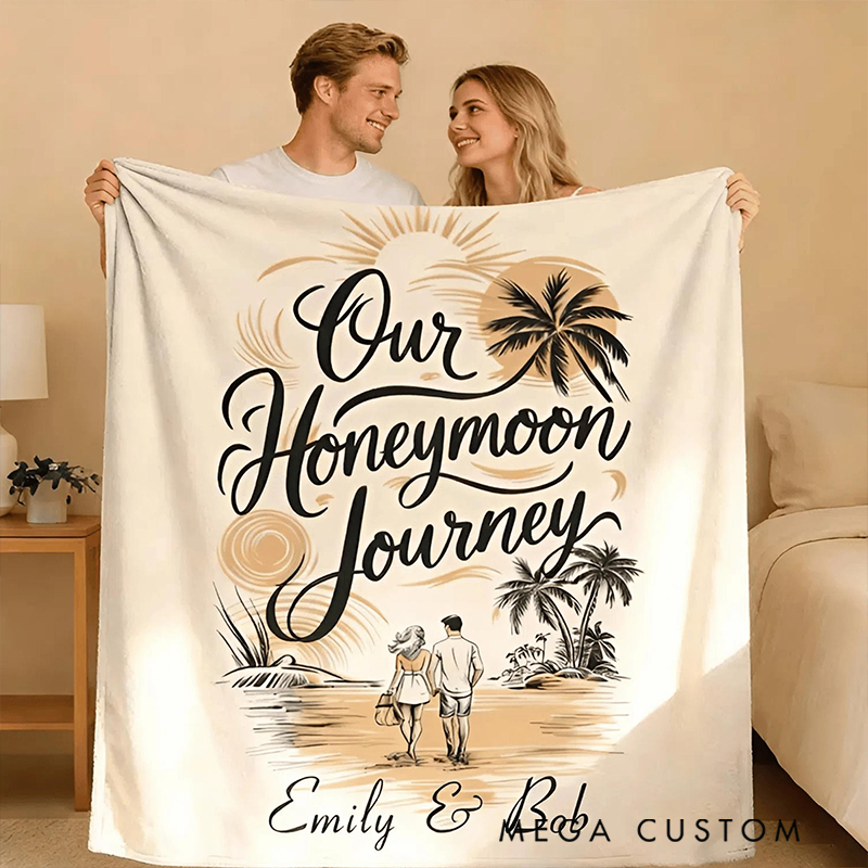 Personalized Our Honeymoon Journey Flannel Blanket Travel Essentials Valentine's Gift for Her Him