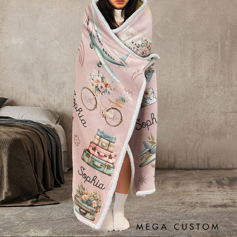Personalized I Love Travel Blanket Hoodie Custom Wearable Blanket Hoodie with Name for Traveling Lovers