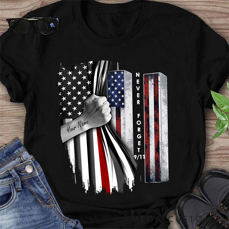 Personalized Firefighter Gifts Custom Name Never Forget 911 T Shirt American Flag Tee Memorial Shirt for Firemen Heroes