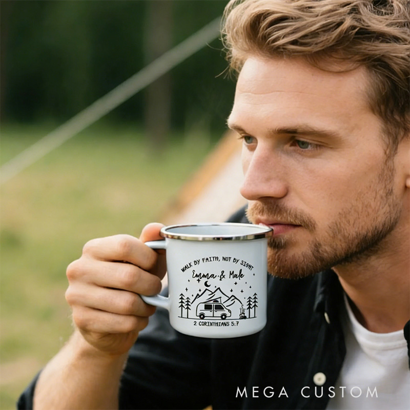 Personalized Walk by Faith Not by Sight Campfire Mountain Forest Design Enamel Mug with Custom Names Religious Gift for Couple Campfire Adventurers