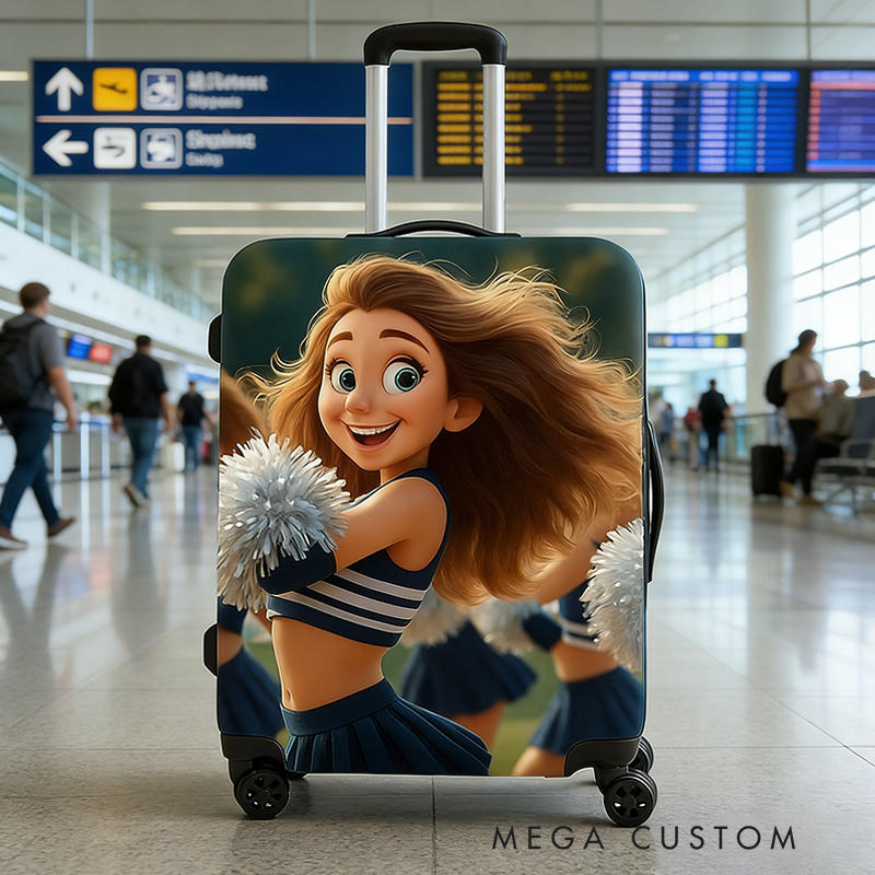 Personalized Pixar Cheerleader Luggage Cover with Custom Character Design for Cheerleader Enthusiasts 