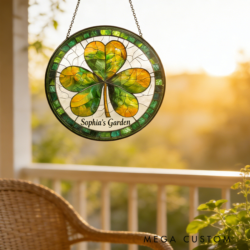 Personalized Irish Shamrock St. Patrick's Day Stained Glass Suncatcher Home Decor with Name for Gardening Lovers Mother's Day Gift
