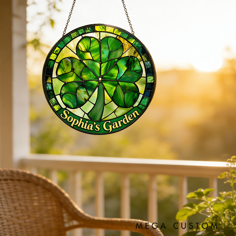 Personalized Shamrock St. Patrick's Day Stained Glass Suncatcher Home Decor with Name for Gardening Lovers Mother's Day Gift