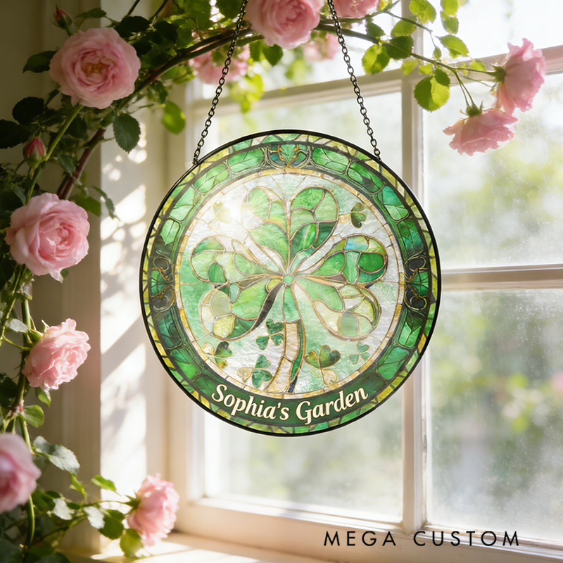 Personalized Shamrock Irish St. Patrick's Day Stained Glass Suncatcher Home Decor with Name for Gardening Lovers St. Patrick’s Day Gift