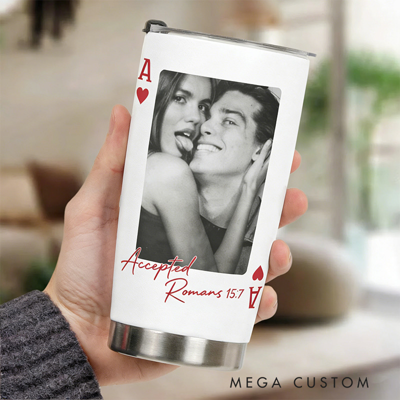 Personalized Playing Card 20oz Stainless Steel Tumbler with Custom Couples Photo and Initial Religious Bible Verse Cup Christian Gift for Couple