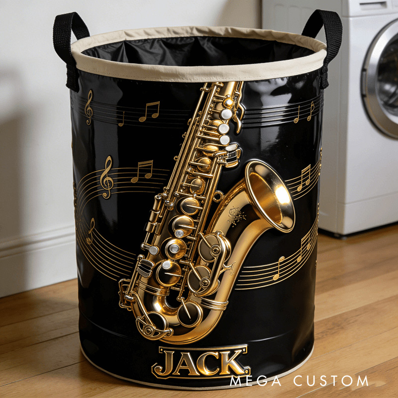 Personalized 2D Flat Saxophone-Shaped Storage Basket for Laundry Toys Organizer Laundry Hamper for Music Lovers