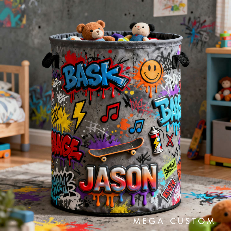 Personalized 2D Flat Street Graffiti Themed Storage Basket for Laundry Toys Organizer Laundry Hamper for Art Lovers